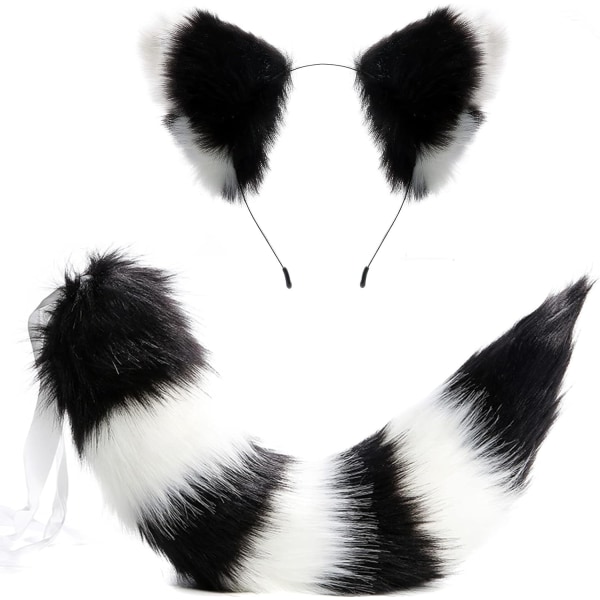 Katteulv vaskebjørn ører og halesæt, lodnet hale, rævehale og ører, pandebånd til ører, Halloween julekostume Cosplay (hvid+sort)