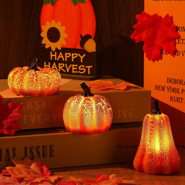 Halloween Ljuslykta Pumpa 3D Höst Resin Pumpa för Trappan Dekorationer Batteridriven LED Ljussatt Mini Pumpa L
