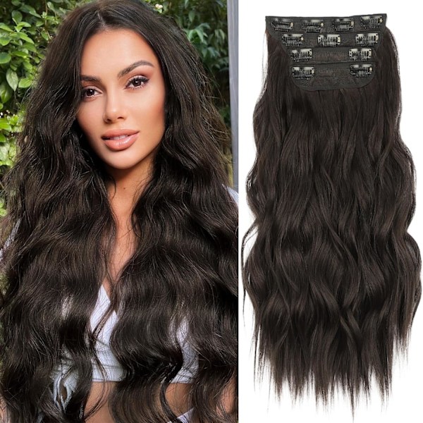 Clip-in Syntetisk Hårextensions Langt Bølgete 4 stk. Tykke Hårdeler Mørkebrunt Fiber Dobbel Weft Naturlige Hårextensions 60 cm for Kvinner