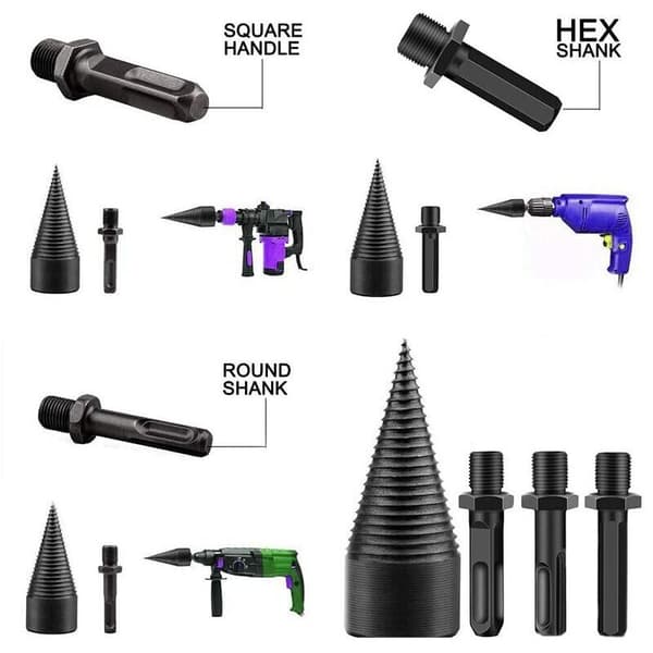 Wood Splitter Drill Bit, Conical Drill Bit, Drill Bit HAS 42 mm Wood Splitter Stick with 3 Drill Handles, Square/Round/Hexagonal