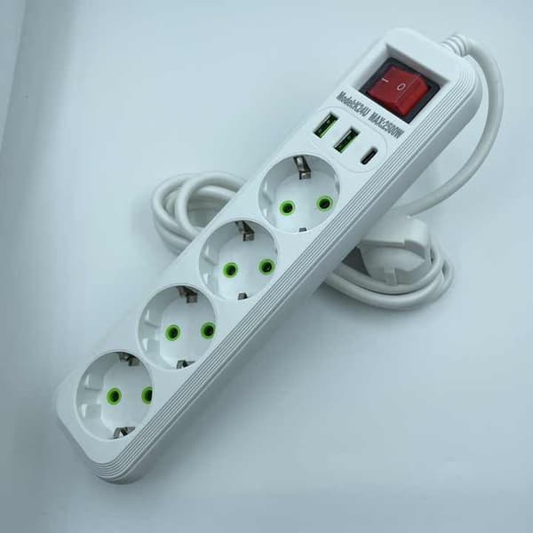 Power strip with 4 sockets and switch, flat plug, 2 m extension cable, USB socket, 230 V, black and white, 2-pack