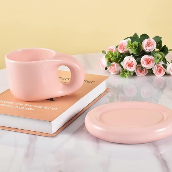 Ceramic Coffee Chubby Mug Tray Set, Creative Cute Thick Handle Cup with Saucer, Suitable for Office and Home, Dishwasher Safe, Latte Tea Milk (Pink)