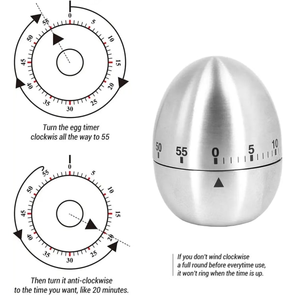Eggkoker-timer i rustfritt stål Mekanisk roterende alarm 60-minutters nedtellingstidtaker for å lære matlaging