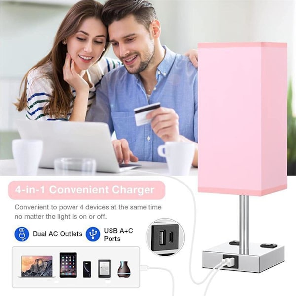 Stof Bordlampe Berøringsdæmpning A+c Usb 2 Huller Ac Stik Soveværelse Natbord Lampe