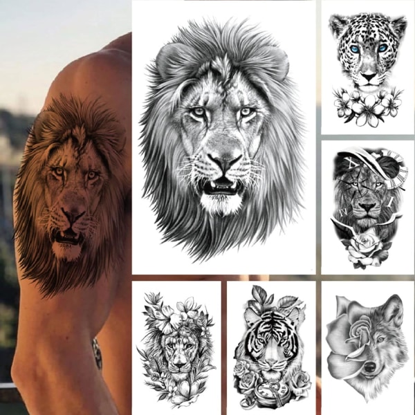 Lejon Tatueringsdekal Tiger Varg Tillfällig Tatueringsdekal Tillfälliga Tatueringar Leopard Tillfällig Tatueringsdekal 3D Realistisk Tatuering för Män Kvinnor 6 Stycken