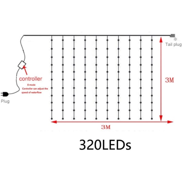 3x3m Regn Gardin LED Lyslenke Vannstrøm Effekt Fossen Meteorskur Regn Lyslenke Julebryn Bryllup Gardin Islykt Fe C