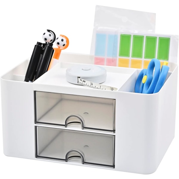 Desk Organizer with Drawer, Pen Holder, White Drawers, 7 Compartment Desk Organizer, Multifunction Desk Storage Box, White