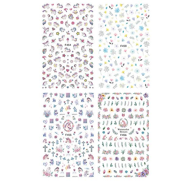 4 Ark Enhörning Transparent Blommande Blomma Nageldekaler 3D Tunna Nagelkonst Klistermärken Självhäftande Nageldekorationer Elegant Manikyr Nagel A