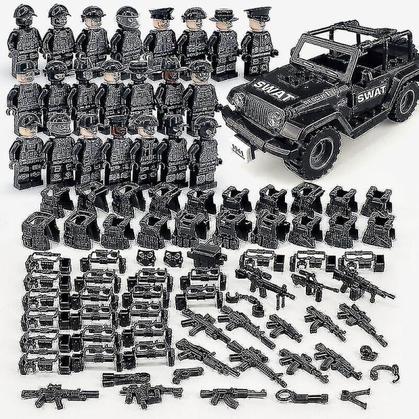 Sotilaallinen rakennuspalikkasarja musta erikoispoliisin maastoauto pienhiukkasista koottu set