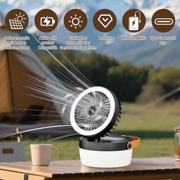 USB solcelle campingventilator, bordventilator, lampe, 90°, 4 lys, 3 hastigheder, sort.