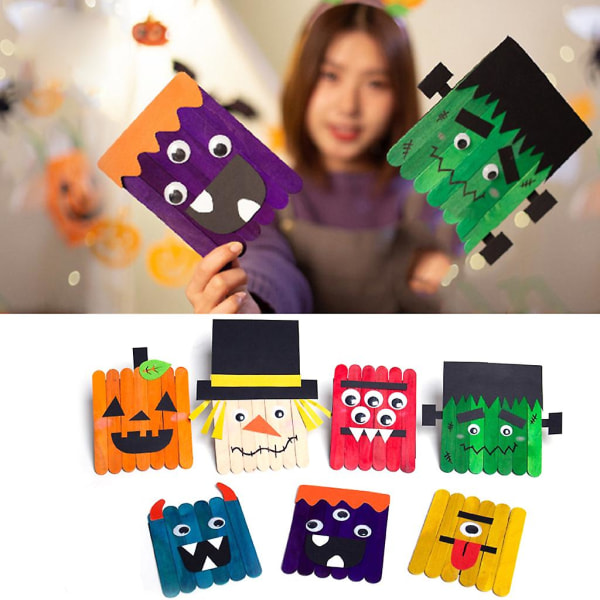 7-delad Halloween-pysselkit i trä, obehandlat, DIY-konstmaterial för barn