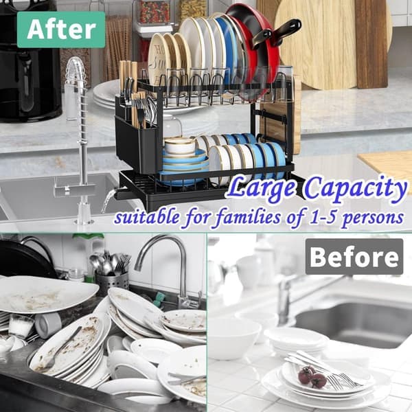 Two-tier dish rack with utensil holder and drip tray, two-level dish rack, 2-tier kitchen dish rack