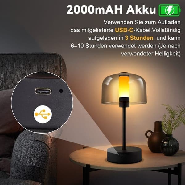 LED Bedside Lamp Dimmable, Touch Wireless Table Lamp USB-C Rechargeable 1800K–6500K