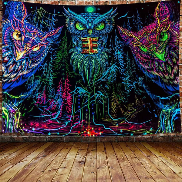 Psykedelisk Ugle Vægtæppe, Kunst Vægtæppe Væghængning til Soveværelse, Månedyrsfugl Sortlys Vægtæppe Hjemmeindretning 150 X100CM