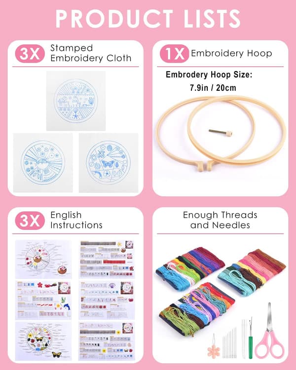3-pack Embroidery Stitch Practice Kit Animal Embroidery Kit for Beginners Includes Embroidery Fabric, Hoops, Threads for Hobby Enthusiasts