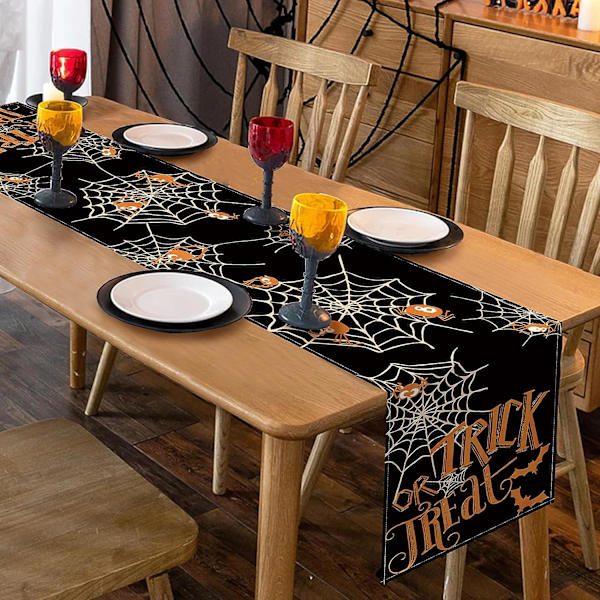 Halloween-pöytäjuoksin, hämähäkinseitit ja lepakot, hauska lomakeittiön ja ruokailutilan pöydän koriste, syksyn sesongin pellava