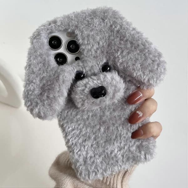 Til iPhone 15 Pro Cover Sød Bamsehund Fluffy Blødt TPU Vinter Telefoncover - Grå