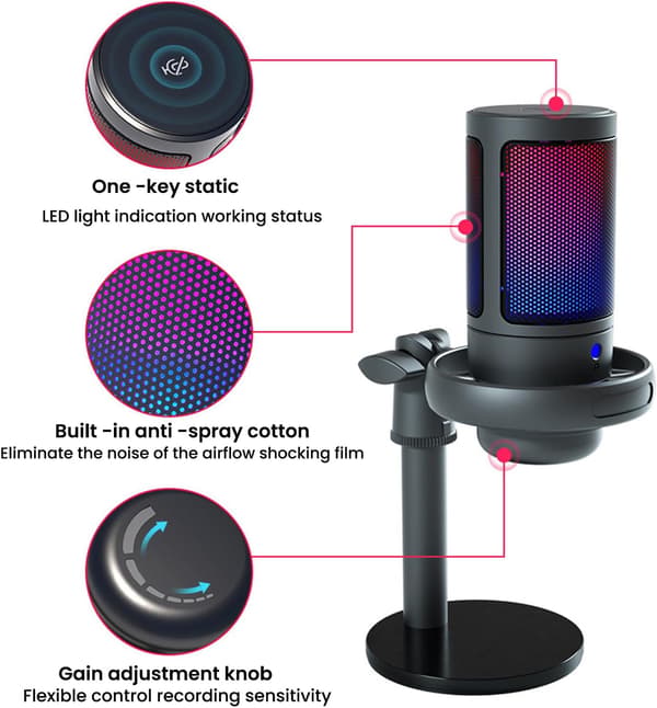 RGB Gamingmikrofon for datamaskin USB PC PS4 PS5 Mac Telefon Podcastmikrofon med Touch Mute Gain Control for Strømming Opptak Svart