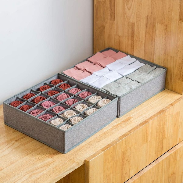 2 Pak Sokker Undertøjs Skuffe Organizer Divider, 24 Celle Sammenklappelig Skab Skab Organizer Opbevaringskasser til Tøj, Slips (Grå, 24+24 Celle)