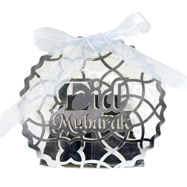 50-pack Godisaskaronger Ramadan Dekorationer Ihåliga Spetsar Bröllop Festfavoriter Choklad Presentaskar med Band Semesterfesttillbehör Silver