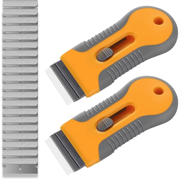 Rakbladsskrapa, 2-pack Plast Retraktil Glasskrapa med 40 Extra Rakblad, Rengöringsskrapa för Fönster, Metall Vinyl