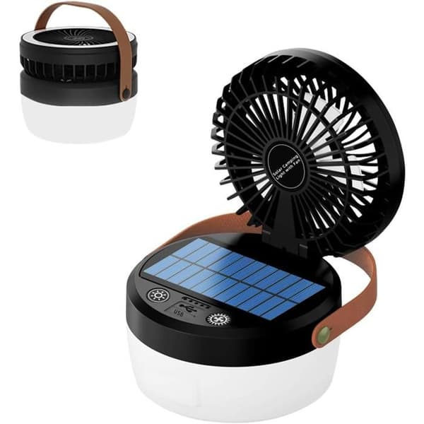 USB solcelle campingventilator, bordventilator, lampe, 90°, 4 lys, 3 hastigheder, sort.