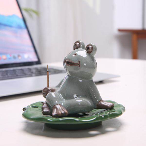 Frø på Lotusblad Røgelseholder - Keramisk Røgelsespindebrænder med Askebakke - Porcelæns Lotusblad til Smykkeopbevaring og Figur