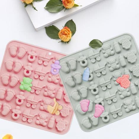2 non-stick silikonechokoladeforme, perfekte til babyshowers. Former: fodaftryk og aber.