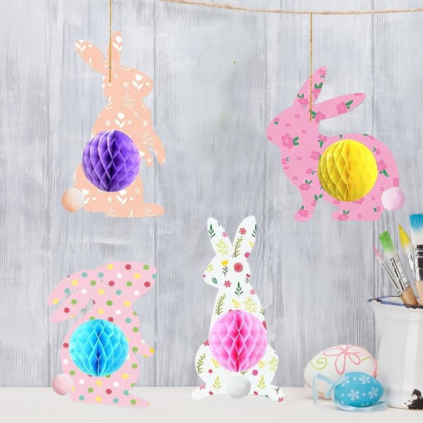 Easter Honeycomb Centerpiece with String 4 pcs Paper Easter Bunny Decorations 12x23cm