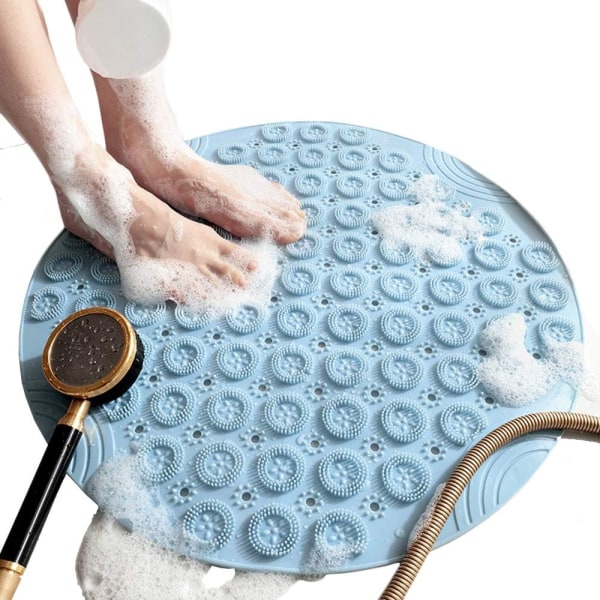 Pyöreän muotoiset liukumattomat suihkumatot Homeenkestävät kylpyammemattot imukupeilla, teksturoitu PVC-kylpymatto tyhjennysreiällä (sininen)
