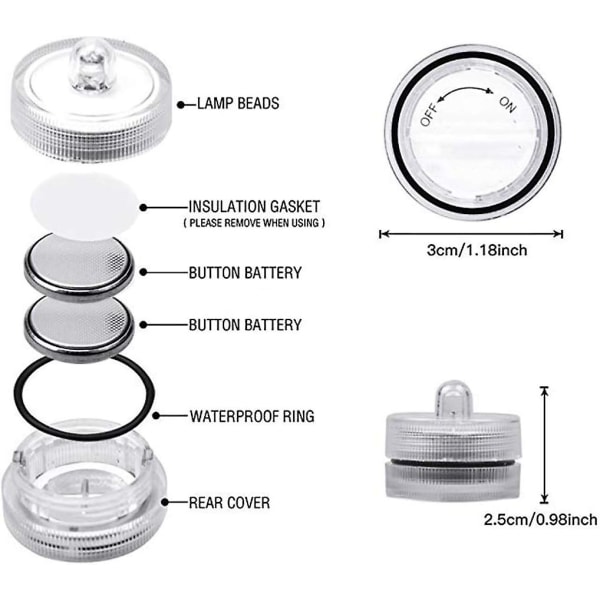 Nedsænkelige LED-lys, vandtætte te-lys, hvide nedsænkelige pool-lys, undervands nedsænkelige te-lys batteri Sub LED-lys til dam og fiskeri