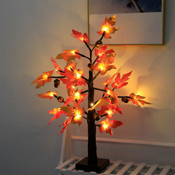 24-tommer Lyserød Ahorn Træ, 24 LED Lys, Thanksgiving Dekoration Bord Træ, Batteridrevet