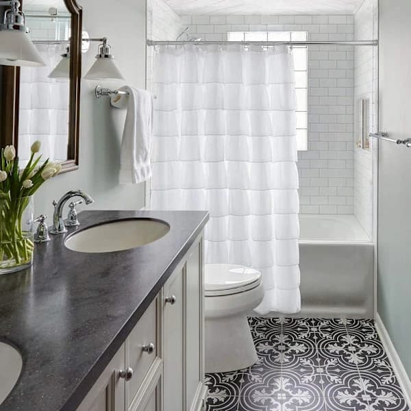White Ruffle Shower Curtain, Sheer Polyester Farmhouse Boho Bathroom Decor, 72 x 72 Inch