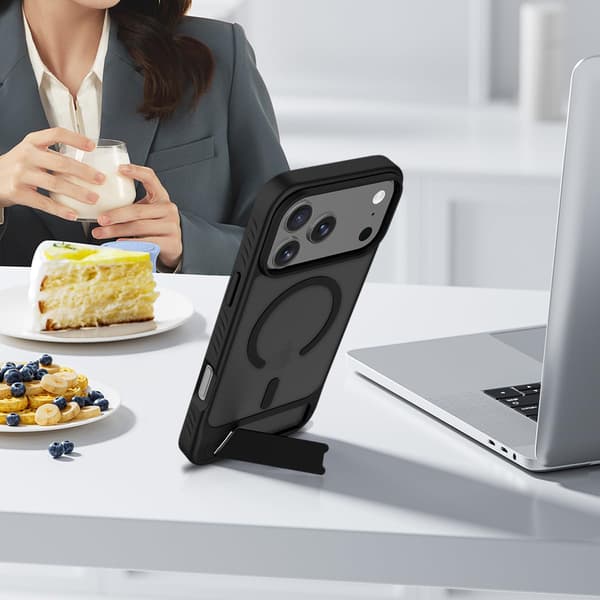 Magnetic iPhone 17 Pro Max Case with Built-in Invisible Stand Compatible with MagSafe Slim Transparent Matte Shockproof Protective Case in Black