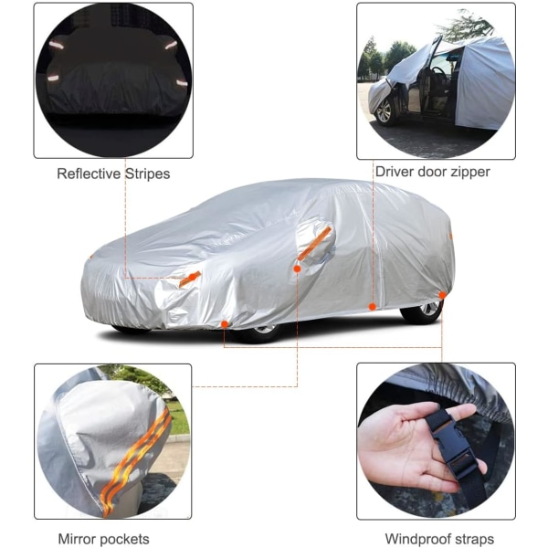 Bilskydd för bilar, vattentäta alla väder, regn- och UV-skydd med dragkedja, spegel, ficka, halvkombipassform