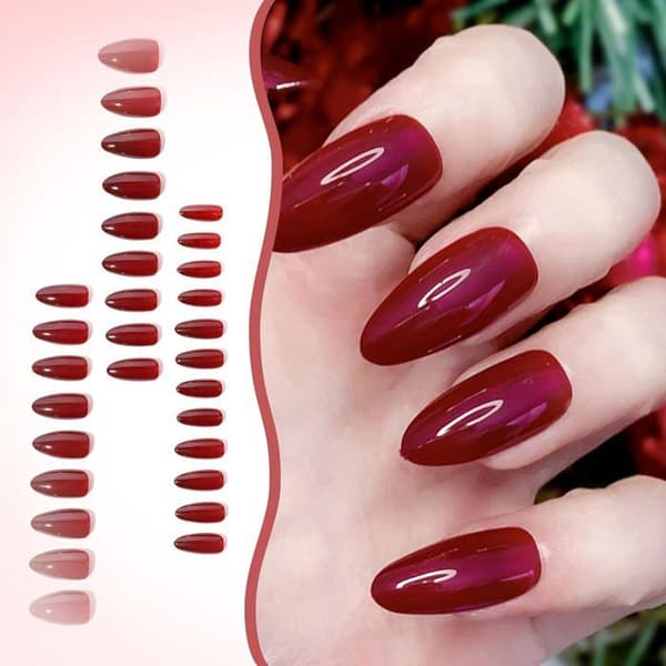 False Nails - Ulisem - Burgundy - Reusable - Almond Shaped - Complete Kit