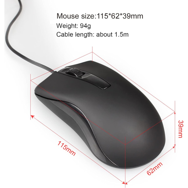 USB Trådløs Mus, Spilmus, Ambidekster, 2400 DPI Kompatibel med PC/Mac/Laptop/Notebook/Desktop 1.5M Kabel (Sort)