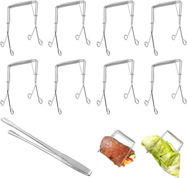 8 köttklämmor med grilltång, rullar i rostfritt stål
