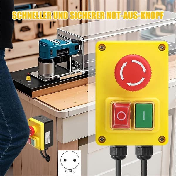220V Single-Phase Safety Switch with Emergency Stop, Ideal for Router Tables & Electrical Devices EU Plug-FM-