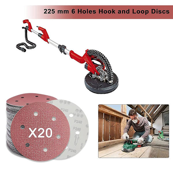 20 stycken 225 mm slippapper, 60 korn, för långhalsade slipmaskiner, gipsslipmaskiner, 6 hål, runda slippapper, Senmai Tools