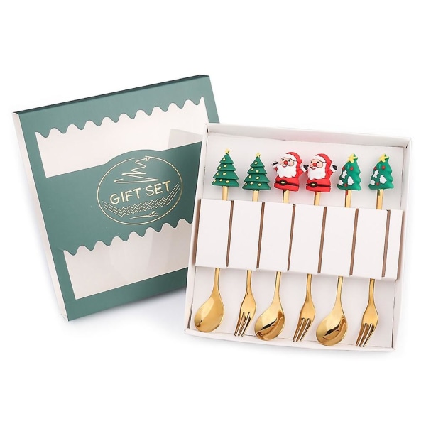 Sett med 6 juleskjeer gafler julenissen juletre servise Kaffeskjeer Gylden gaffel