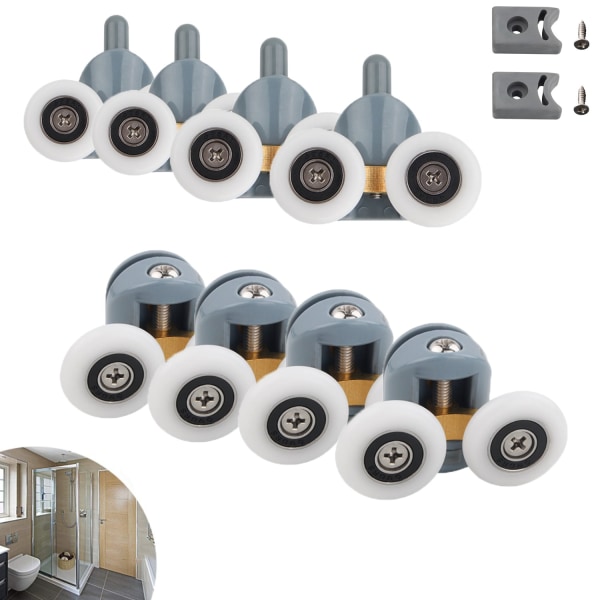 8 stk. Justerbare dobbelte rullehjul/løbere/remskiver/styreudskiftningsdele til brusebadeværelse (dobbelthjul) 25 mm