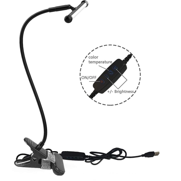LED-bordlampe med klemme, fleksibel svanehalsarm, tegnebordlampe, 3 fargemoduser, kan drives av USB, for hodegavl, arbeidsbenk, studio, nattbord
