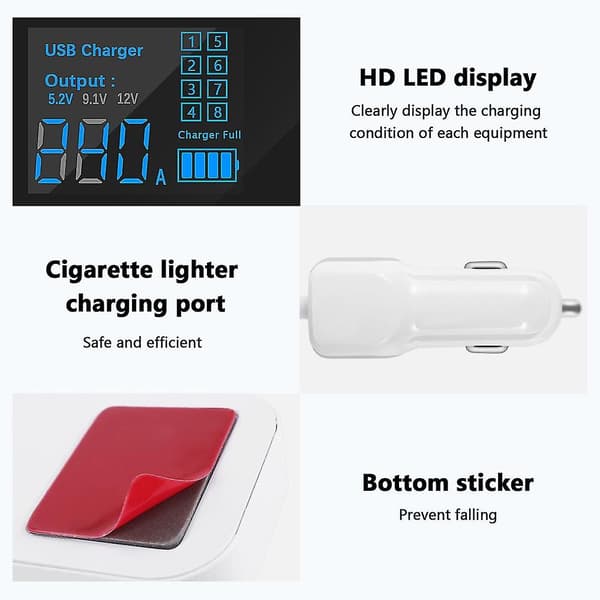 A9s Rask Billader 8-Port Multi USB LCD-Skjerm Telefonlader 12V Batterilader USB-Hub For Pho
