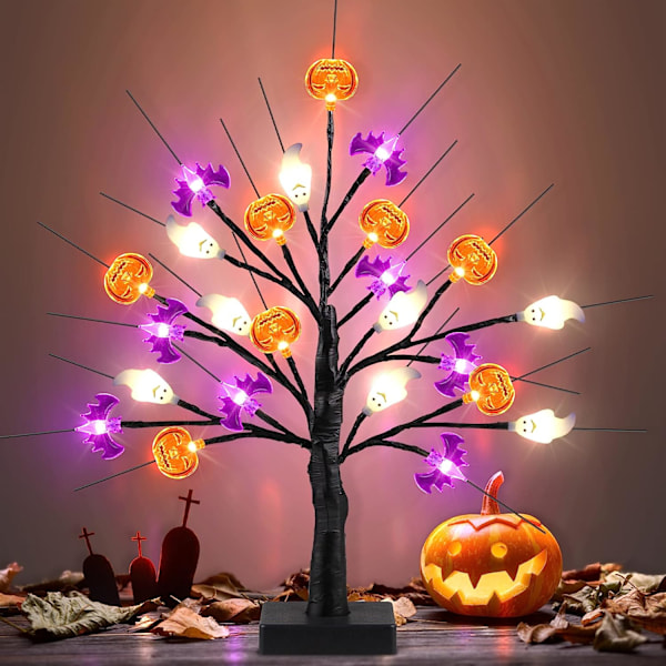 Halloween-trelys med LED-lykter i form av gresskar, flaggermus og spøkelser, med timer/USB/batteridrift - Halloween-lys for dekorasjon