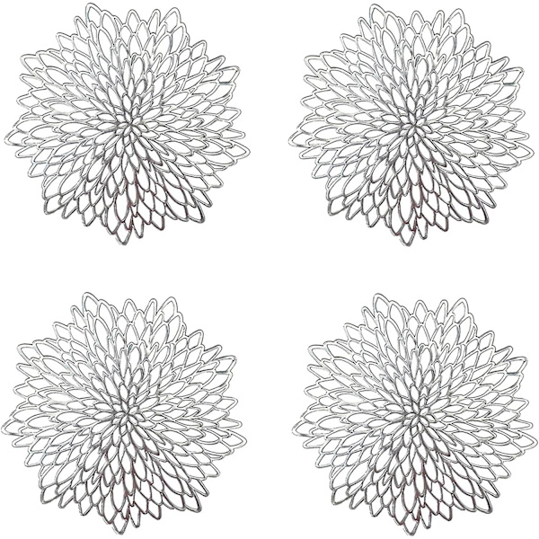 Setti, jossa 4 onttoa pyöreää tablettia, pöytäkoristematto, hibiskuskukka kullalla leimattu PVC-tabletti, ontto tabletti Silver