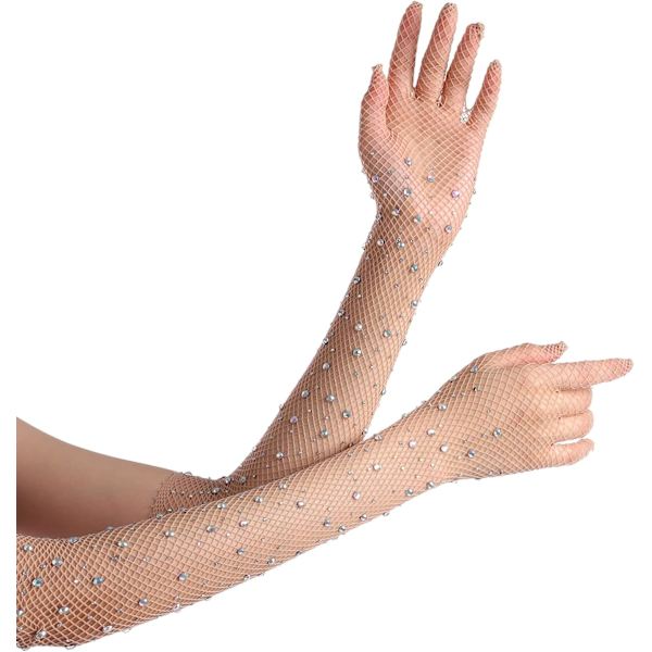 Damernas Rhinestone Mesh Långa Handskar Glittrande Mode Operahandskar för Fest Halloween Kostymer