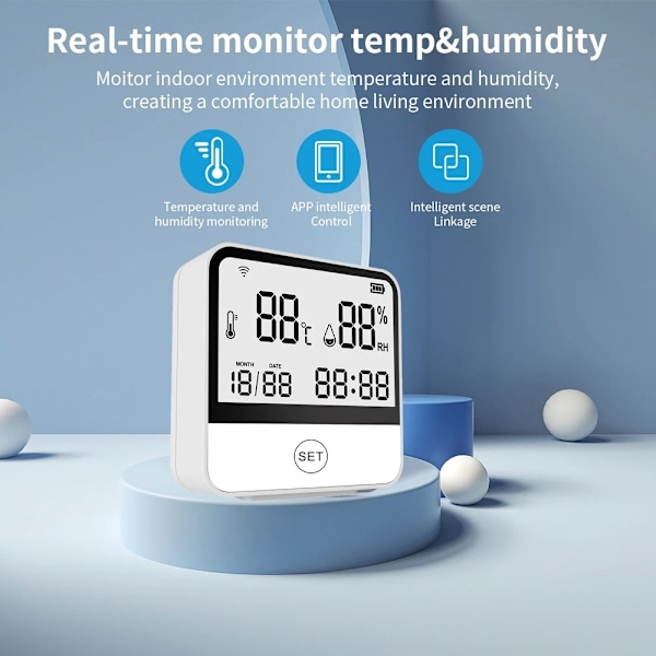 Tuya Smart Wifi Trådlös Länkning Temperatur- och Luftfuktighetssensor Smart Hem med Tid och Datumvisning White