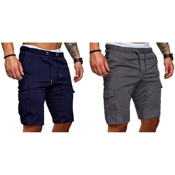 2 par Herrshorts Casual Arbetsbyxor Fickspets Shorts Joggingbyxor L Mörkgrå Marinblå