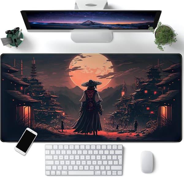 Japansk Landskabs Skrivebordsmåtte Måneskin Samurai Musemåtte 31,5 x 15,7 tommer Mørk Æstetisk Skrivebordsmåtte Spillemusemåtte Udvidet